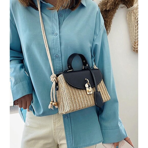 Black Straw Square Beach Bag for Women, Multi-Use Summer Purse - Picture 4 of 6